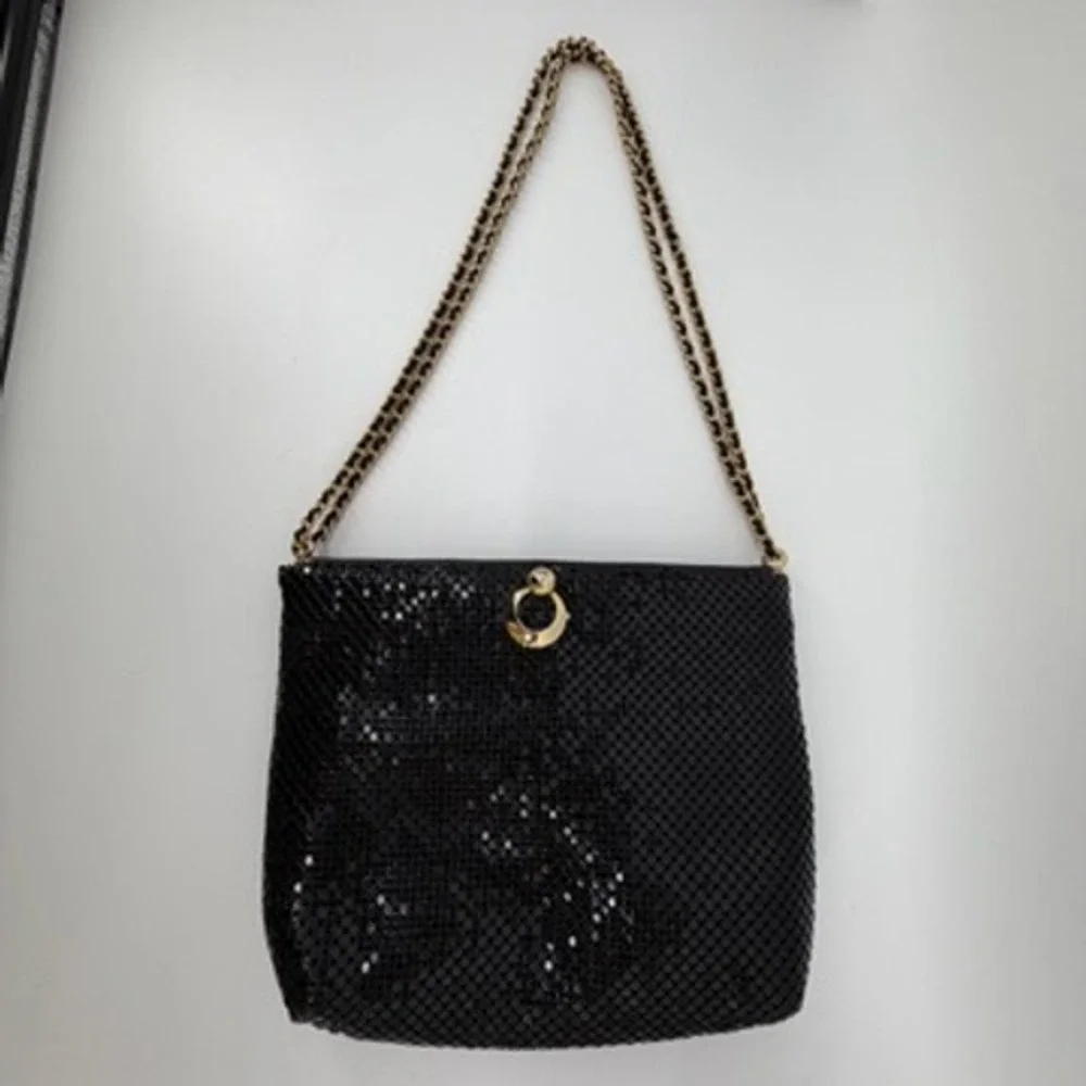 Whiting and‎ Davis Black Mesh Evening Shoulder Bag Gold Chain Clasp